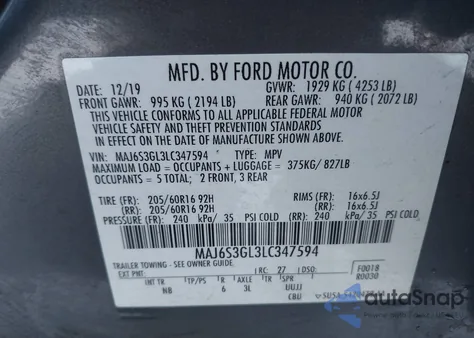 2020 Ford Ecosport Se z USA, uszkodzony, nr VIN MAJ6S3GL3LC347594